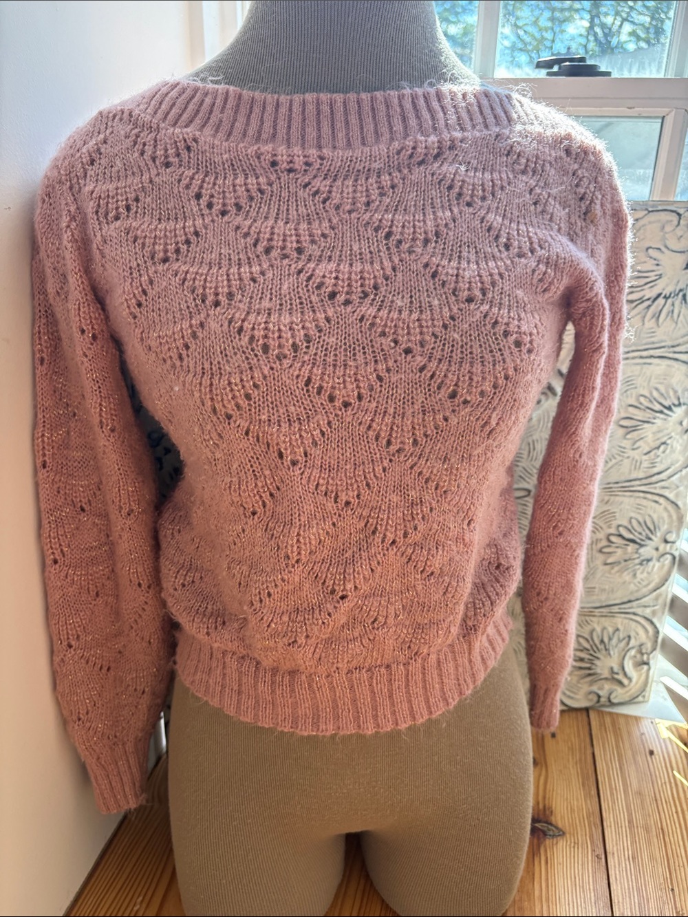 Women's Rose Pink Knit Crewneck Sweater with Gold Accents